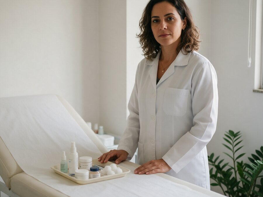 Esteticista de jaleco branco ao lado da maca da própria clínica