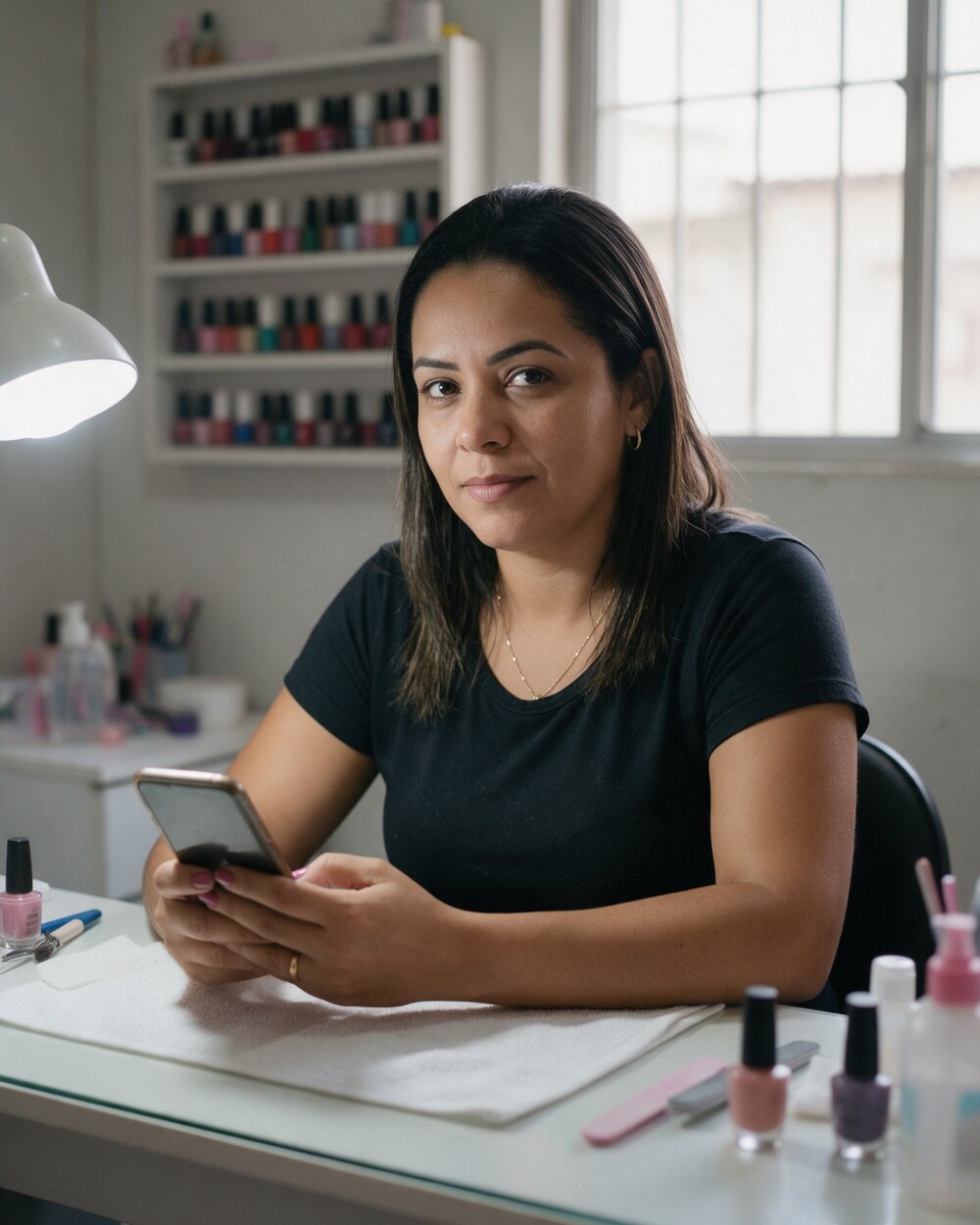 Manicure sentada à mesa de trabalho do próprio salão, conferindo a agenda no celular